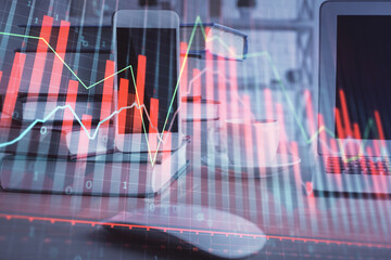 Double exposure of financial graph drawing and cell phone background. Concept of forex trading