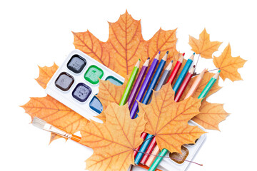 Wall Mural - colored pencils and paints decorated with autumn leafs. education and stationery conceptual. creative minimal concept
