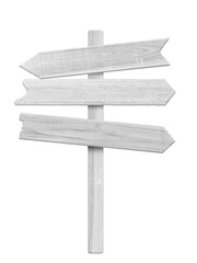 White wood arrow signpost isolated on white background. Object with clipping path.