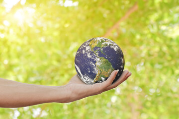 Canvas Print - environment concept. hand holding earth against green spring background. elements of this image furn
