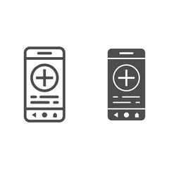 Poster - Medical application on smartphone line and solid icon, Medical tests concept, Mobile medicine sign on white background, smartphone with medical app icon in outline style for mobile. Vector graphics.