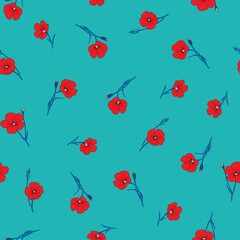 Wall Mural - Small red flowers with a turquoise background. Vector seamless pattern.