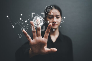 concept of fingerprint and information security on digital screen.