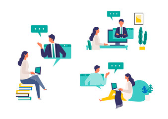 Wall Mural - Concept for remote work, online class, teleconference. Vector illustration of people having communication via telecommuting system.