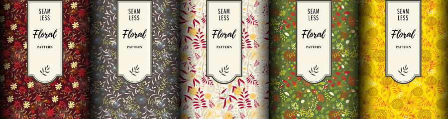 Floral seamless textile pattern set. Flowers and leaves.. Colorful vector fabric background.