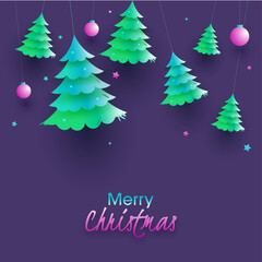 Wall Mural - Glossy Paper Cut Xmas Trees with Pink Baubles Hang and Stars on Purple Background for Merry Christmas Celebration.