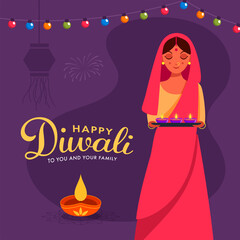 Canvas Print - Illustration of Hindu Woman Holding Plate of Lit Oil Lamps (Diya) and Colorful Lighting Garland on Purple Background for Happy Diwali Celebration.