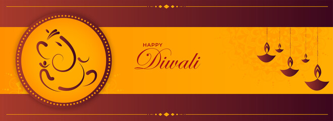 Wall Mural - Happy Diwali Celebration Header or Banner Design with Hanging Lit Oil Lamps (Diya) and Ganesha Circle Shape on Yellow and Brown Background.