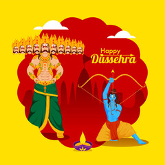 Poster - Illustration of Demon Ravana with Lord Rama Holding Bow Arrow and Lit Oil Lamp (Diya) on Red and Yellow Background for Happy Dussehra.