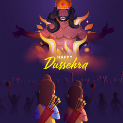 Wall Mural - Hindu Mythology Rama Killed Demon Ravana with Laxman, Hanuman and Other Fighters on Purple Background for Happy Dussehra.