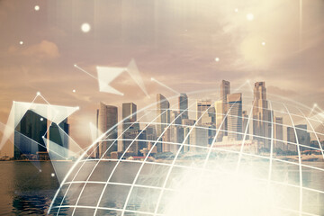 Poster - Map and data theme hologram on city view with skyscrapers background double exposure. International technology in business concept.
