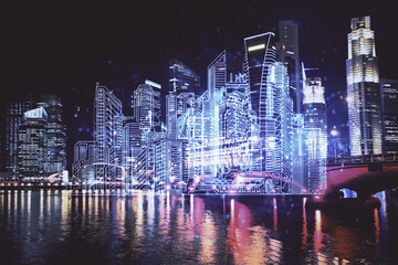 Aufkleber - Double exposure of buildings hologram over cityscape background. Concept of smart city.