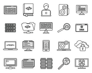 Sticker - Pc testing software icons set. Outline set of pc testing software vector icons for web design isolated on white background