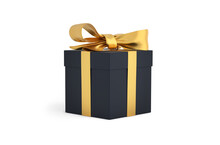 Christmas Gift Black Box Tied With Gold Ribbon. Birthday Gift With Love. Happy Celebration Present. 3D Rendering