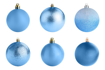 Set of light blue Christmas balls on white background