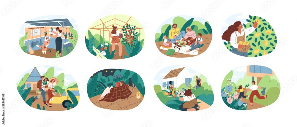 Set of people spending time at summer cottage or dacha vector flat illustration. Collection of man, woman, children and pet picking harvest, relaxing, planting and cultivation together isolated - obrazy, fototapety, plakaty 