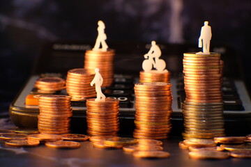 Stack of golden coins on black background and Advertising coins of finance and banking,Increasing columns of gold coins on table