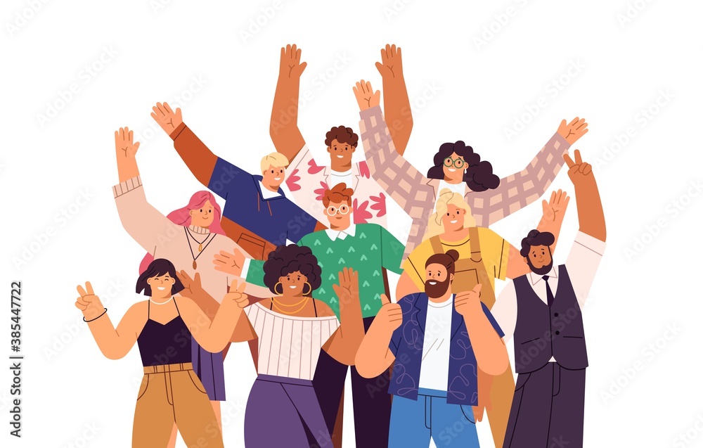 Group of happy people standing together, waving and inviting new customer, colleague. Concept of happy multiethnic team welcome newcomer. Flat vector cartoon illustration isolated on white - obrazy, fototapety, plakaty 