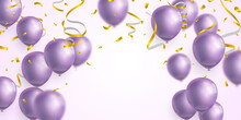 Celebration Party Banner With Purple Balloons Background. Sale Vector Illustration. Grand Opening Card Luxury Greeting Rich.