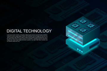 Poster - Concept of big data processing center, machine learning, cloud database, station of future, data mining, energy server. Digital technology, machine programming. Vector illustration.