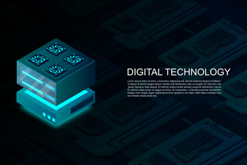 Poster - Concept of big data processing center, machine learning, cloud database, station of future, data mining, energy server. Digital technology, machine programming. Vector illustration.