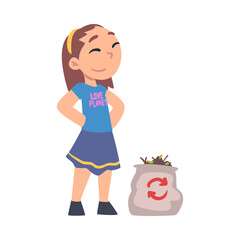 Sticker - Cute Girl Collecting Garbage for Recycling, Girl Taking Care about Planet, Environmental Protection Concept Cartoon Style Vector Illustration