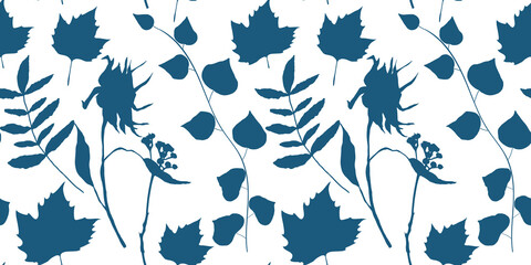 Poster - Botanical vector seamless pattern. Hand drawn illustrations of plants, wildflowers, leaves and herbs on white background.