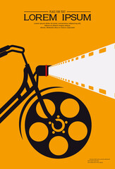 Wall Mural - Template poster for cinema festival. Vintage bicycle with projecting film strip on orange background. Retro cinema background. Film festival template for advertisement, poster, brochure, banner.