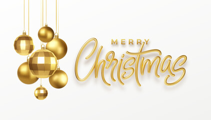 Wall Mural - Christmas party calligraphy lettering greeting card with golden metallic christmas decorations isolated on white background. Vector illustration