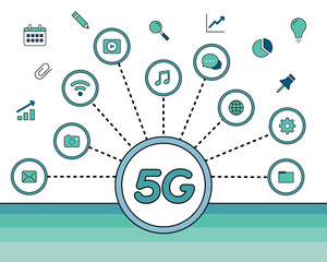 Fototapete - 5G（第5世代移動通信システム）のイラスト／シンプル／アイコン／ネットワーク／インターネット／スマホ