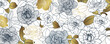 Luxury elegant gold rose floral line arts pattern and black background. Topical flower wallpaper design, Fabric, surface design. Vector illustration.