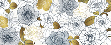 Luxury Elegant Gold Rose Floral Line Arts Pattern And Black Background. Topical Flower Wallpaper Design, Fabric, Surface Design. Vector Illustration.