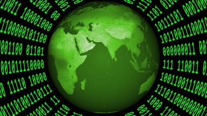 Poster - Earth globe inside a virtual cylinder made of binary code - graphic elements in green color - 3D illustration