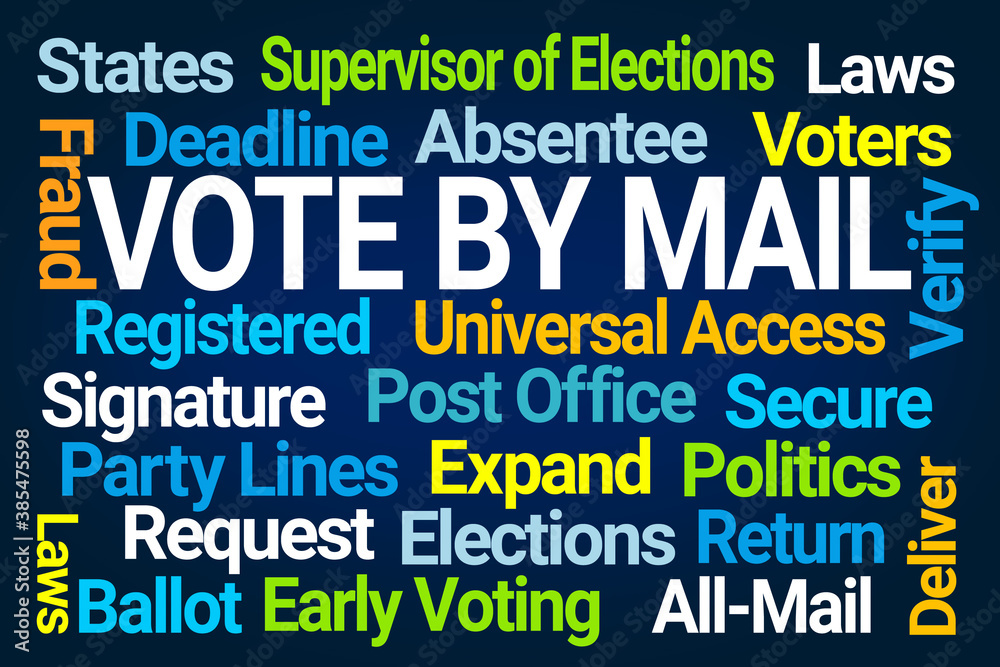 Vote by Mail Word Cloud on Blue Background