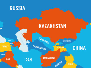 Wall Mural - Central Asia map - 4 bright color scheme. High detailed political map of central asian region with country, ocean and sea names labeling