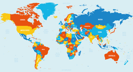  World map - 4 bright color scheme. High detailed political map of World with country, ocean and sea names labeling