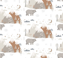 Seamless Pattern With Bear, Mountains, Trees, Clouds, Snow, And House. Hand Drawn Winter Illustration In Scandinavian Style For Kids. For Textiles, Postcards, Baby Shower, Babywear, Nursery.