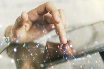 Aufkleber - Creative concept of wireless technology and finger clicks on a digital tablet on background. Big data and database concept. Multiexposure