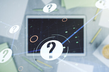 Aufkleber - Creative concept of question mark illustration and modern digital tablet on background, top view. FAQ and search concept. Multiexposure