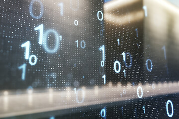 Poster - Abstract virtual binary code sketch on contemporary business center exterior background, hacking and matrix concept. Multiexposure
