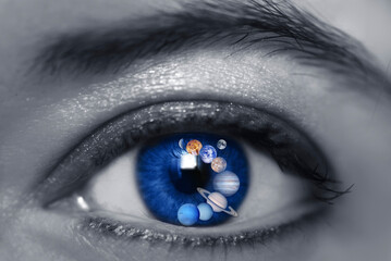 beautiful blue eye with planets like astrology and planet concept, universe and space, galaxy and as