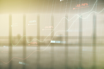 Poster - Multi exposure of stats data illustration on empty corporate office background, computing and analytics concept
