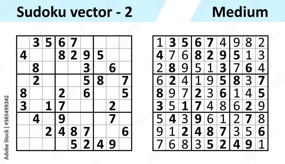Sudoku game with answers. Simple vector design set Sudoku. Blank template. Complexity of the task is medium. - obrazy, fototapety, plakaty 