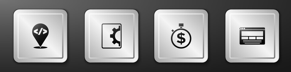 Set Front end development, Web, Time is money and UI or UX design icon. Silver square button. Vector.