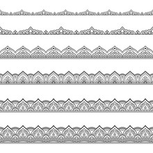 Set Of Seamless Borders Pattern For Mehndi, Henna Drawing And Tattoo. Decoration In Ethnic Oriental, Indian Style. Doodle Ornament. Outline Hand Draw Vector Illustration.