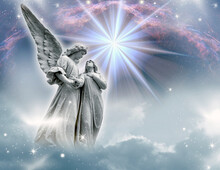 A Guardian Angel Archangel With A Woman With A Star, Light, Beautiful Mystic Sky Like Angelic Divine And Spiritual Concept 