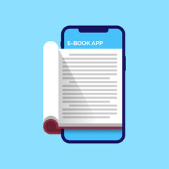 Poster - E-Learning with E-Book app on mobile phone device concept metaphor illustration flat design vector. modern, clean, simple style icon, sign, symbol, logo