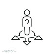 © Yurii - man with question decision icon, people choice lost, answer doubt, business direction crossroad, person in confuse, thin line symbol on white background - editable stroke vector illustration