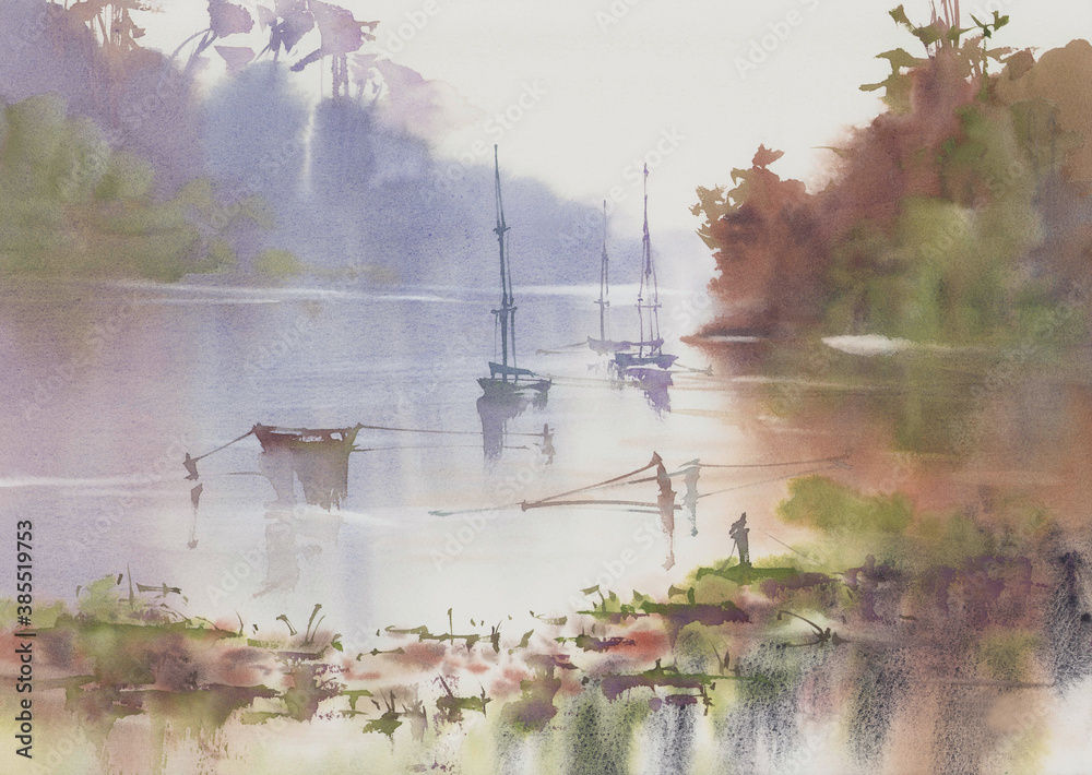 Morning mist by the lake with ships in autumn watercolor background - obrazy, fototapety, plakaty 