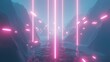 4K video animation of foggy riverside and mountain landscape, with a magical pink environment and neon effect light beams forming and floating over the river.